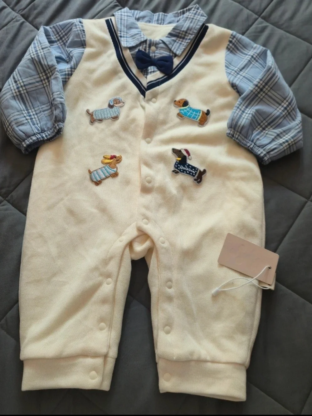 Cream & Blue Puppy Appliqué Footed One-Piece with Bow